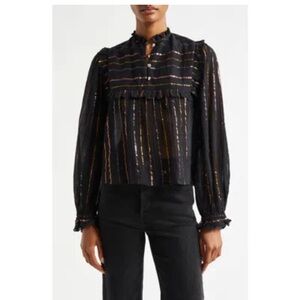 FARM RIO Metallic Stripe Ruffle Shirt In Black size XS New